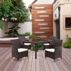 Livingandhome 105CM Patio Garden Square Rattan Frame Glass Top Table,Brown -Outdoor Furniture Store 37742583 3