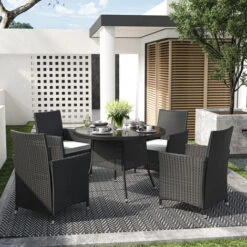 Livingandhome 105CM Patio Garden Round Rattan Glass Table With Umbrella Hole,Black -Outdoor Furniture Store 37742594 3