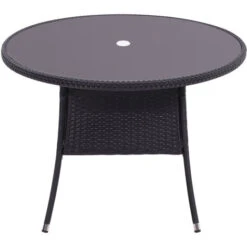 Livingandhome 105CM Patio Garden Round Rattan Glass Table With Umbrella Hole,Black -Outdoor Furniture Store 37742594 4