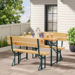 Livingandhome Set Of 3 Garden Wooden Folding Beer Table Bench Set
