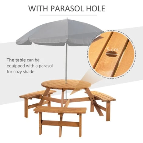 Outsunny 6 Person Fir Wood Parasol Table Bench Set Outdoor Garden Patio Dining 6 Outsunny 6 Person Fir Wood Parasol Table Bench Set Outdoor Garden Patio Dining - Image 4