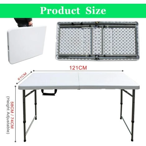 Folding Table 4FT/120CM Heavy Duty Portable Adjustable Height Picnic Camping Table For Garden, Catering, Camping, BBQ Party, Outdoor Activities, White Handy Fold- In-Half Table 4 Folding Table 4FT/120CM Heavy Duty Portable Adjustable Height Picnic Camping Table For Garden, Catering, Camping, BBQ Party, Outdoor Activities, White Handy Fold- In-Half Table - Image 2