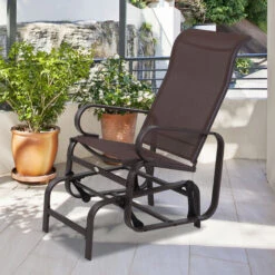 Outsunny Outdoor Gliding Rocking Chair W/ Metal Frame For Patio, Backyard Brown -Outdoor Furniture Store 46530897 3