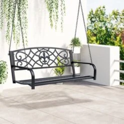 Outsunny Outdoor Steel Fleur-De-Lis Porch Swing Garden Hanging Bench Black -Outdoor Furniture Store 47146217 3