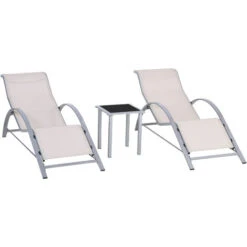 Outsunny 3 Pieces Lounge Chair Set Garden Sunbathing Chair W/ Table Silver