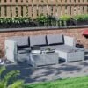 Hampton Rattan Garden Furniture 4 Seater Outdoor Corner Sofa Table Set, Grey-No-Cover -Outdoor Furniture Store 49193874 1