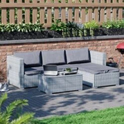 Hampton Rattan Garden Furniture 4 Seater Outdoor Corner Sofa Table Set, Grey-No-Cover