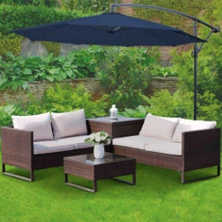 Greenbay 3m Garden Banana Parasol Patio Sun Shade Shelter Crank Hanging Rattan Cantilever Umbrella Blue