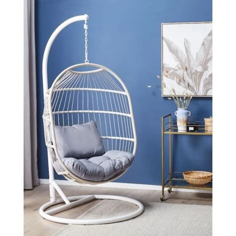 Hanging Egg Chair Beige Boho Rope Steel Stand Wicker Soft Cushion Alba 4 Hanging Egg Chair Beige Boho Rope Steel Stand Wicker Soft Cushion Alba - Image 2