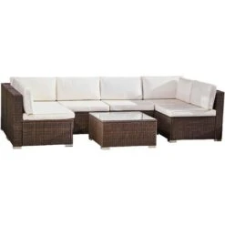 Teamson Home Outdoor Garden Lounge Set, 7 Piece Rattan Garden Furniture Set, Large Garden Corner Sofa, Tempered Glass Tabletop - Brown/Cream