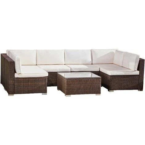 Teamson Home Outdoor Garden Lounge Set, 7 Piece Rattan Garden Furniture Set, Large Garden Corner Sofa, Tempered Glass Tabletop - Brown/Cream 3 Teamson Home Outdoor Garden Lounge Set, 7 Piece Rattan Garden Furniture Set, Large Garden Corner Sofa, Tempered Glass Tabletop - Brown/Cream