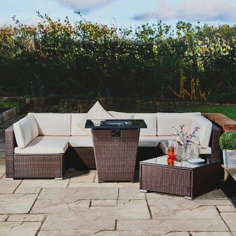 Teamson Home Outdoor Garden Lounge Set, 7 Piece Rattan Garden Furniture Set, Large Garden Corner Sofa, Tempered Glass Tabletop - Brown/Cream 5 Teamson Home Outdoor Garden Lounge Set, 7 Piece Rattan Garden Furniture Set, Large Garden Corner Sofa, Tempered Glass Tabletop - Brown/Cream - Image 3