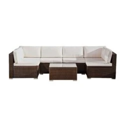 Teamson Home Outdoor Garden Lounge Set, 7 Piece Rattan Garden Furniture Set, Large Garden Corner Sofa, Tempered Glass Tabletop - Brown/Cream 10 Teamson Home Outdoor Garden Lounge Set, 7 Piece Rattan Garden Furniture Set, Large Garden Corner Sofa, Tempered Glass Tabletop - Brown/Cream -Outdoor Furniture Store 50827744 4