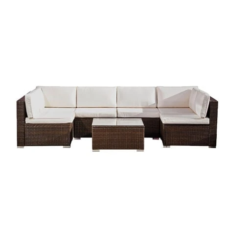 Teamson Home Outdoor Garden Lounge Set, 7 Piece Rattan Garden Furniture Set, Large Garden Corner Sofa, Tempered Glass Tabletop - Brown/Cream 6 Teamson Home Outdoor Garden Lounge Set, 7 Piece Rattan Garden Furniture Set, Large Garden Corner Sofa, Tempered Glass Tabletop - Brown/Cream - Image 4