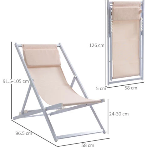 Outsunny Set Of 2 Folding Garden Beach Aluminium Frame Deck Chairs Beige 4 Outsunny Set Of 2 Folding Garden Beach Aluminium Frame Deck Chairs Beige - Image 2