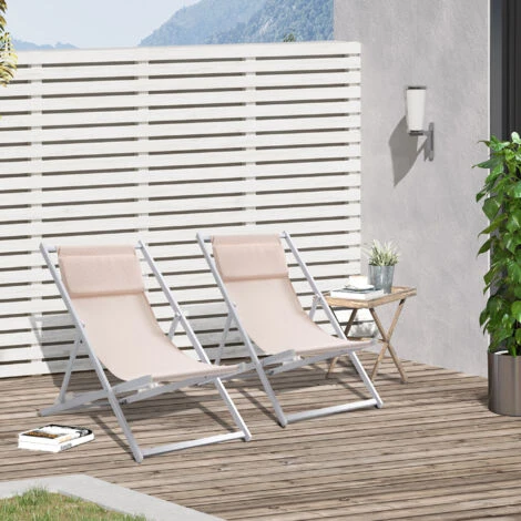 Outsunny Set Of 2 Folding Garden Beach Aluminium Frame Deck Chairs Beige 5 Outsunny Set Of 2 Folding Garden Beach Aluminium Frame Deck Chairs Beige - Image 3