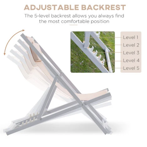 Outsunny Set Of 2 Folding Garden Beach Aluminium Frame Deck Chairs Beige 6 Outsunny Set Of 2 Folding Garden Beach Aluminium Frame Deck Chairs Beige - Image 4