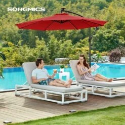 Songmics Cantilever Garden Parasol With Solar-Powered LED Lights, 3 M Banana Patio Umbrella , Crank For Opening Closing, Sunshade With Protection UPF 50+, Red GPU118R01