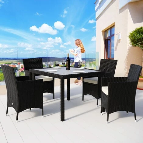 Deuba Poly Rattan Garden Dining Table Chairs Set Rectangular Outdoor Patio Glass Top Furniture Seating Group 4+1 Seater Conservatory Square Beige Black Balcony Backyard 5 Deuba Poly Rattan Garden Dining Table Chairs Set Rectangular Outdoor Patio Glass Top Furniture Seating Group 4+1 Seater Conservatory Square Beige Black Balcony Backyard - Image 3