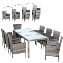 Casaria Poly Rattan Luxury 8 Seater Garden Dining Set With Table, Chairs & Cushions Stackable Chairs Weatherproof Grey Anthracite
