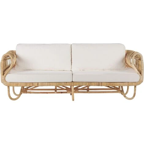 Natural Rattan 2-Seater Sofa With Cotton Cushions Beige Wicker Boho Dolcedo 3 Natural Rattan 2-Seater Sofa With Cotton Cushions Beige Wicker Boho Dolcedo
