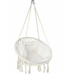 VOUNOT Hanging Chair With Cushion, Macrame Hammock Swing Chair For Bedroom, Balcony, Patio, Garden, 265LBS Capacity, Beige