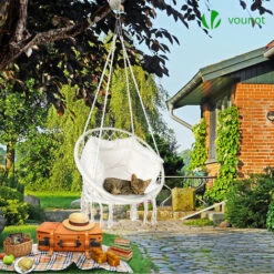 VOUNOT Hanging Chair With Cushion, Macrame Hammock Swing Chair For Bedroom, Balcony, Patio, Garden, 265LBS Capacity, Beige -Outdoor Furniture Store 51208818 3