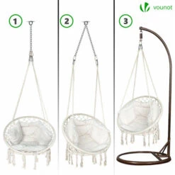VOUNOT Hanging Chair With Cushion, Macrame Hammock Swing Chair For Bedroom, Balcony, Patio, Garden, 265LBS Capacity, Beige -Outdoor Furniture Store 51208818 5