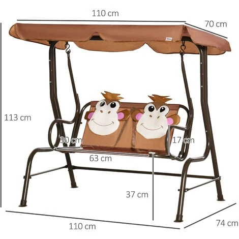 Outsunny 2 Seat Kids Canopy Swing Chair W/ Adjustable Awning, Seatbelt - Brown 4 Outsunny 2 Seat Kids Canopy Swing Chair W/ Adjustable Awning, Seatbelt - Brown - Image 2