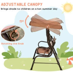 Outsunny 2 Seat Kids Canopy Swing Chair W/ Adjustable Awning, Seatbelt - Brown 11 Outsunny 2 Seat Kids Canopy Swing Chair W/ Adjustable Awning, Seatbelt - Brown -Outdoor Furniture Store 51258986 5