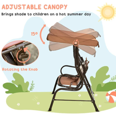 Outsunny 2 Seat Kids Canopy Swing Chair W/ Adjustable Awning, Seatbelt - Brown 7 Outsunny 2 Seat Kids Canopy Swing Chair W/ Adjustable Awning, Seatbelt - Brown - Image 5