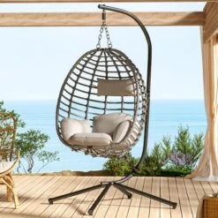 Livingandhome Wrapped Rattan Steel Hammock Egg Shaped