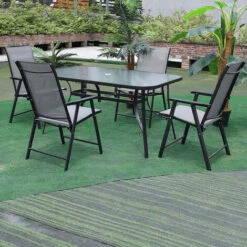 Livingandhome Set Of 5 Garden 150CM Ripple Glass Rectangle Umbrella Table And Folding Chairs Set, Black
