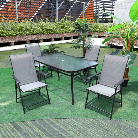 Livingandhome Set Of 5 Garden 150CM Ripple Glass Rectangle Umbrella Table And Folding Chairs Set, Black 4 Livingandhome Set Of 5 Garden 150CM Ripple Glass Rectangle Umbrella Table And Folding Chairs Set, Black - Image 2