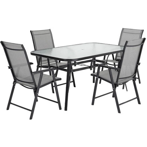 Livingandhome Set Of 5 Garden 150CM Ripple Glass Rectangle Umbrella Table And Folding Chairs Set, Black 5 Livingandhome Set Of 5 Garden 150CM Ripple Glass Rectangle Umbrella Table And Folding Chairs Set, Black - Image 3