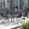 Livingandhome Set Of 7 Garden 150CM Ripple Glass Rectangle Umbrella Table And Stackable Chairs Set, Brown -Outdoor Furniture Store 51386075 1