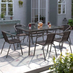 Livingandhome Set Of 7 Garden 150CM Ripple Glass Rectangle Umbrella Table And Stackable Chairs Set, Brown