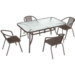 Livingandhome Set Of 7 Garden 150CM Ripple Glass Rectangle Umbrella Table And Stackable Chairs Set, Brown 9 Livingandhome Set Of 7 Garden 150CM Ripple Glass Rectangle Umbrella Table And Stackable Chairs Set, Brown -Outdoor Furniture Store 51386075 3