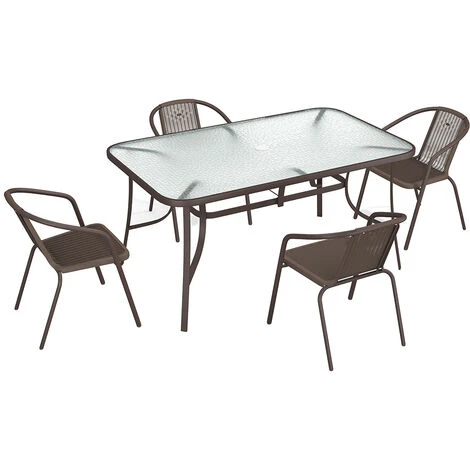 Livingandhome Set Of 7 Garden 150CM Ripple Glass Rectangle Umbrella Table And Stackable Chairs Set, Brown 5 Livingandhome Set Of 7 Garden 150CM Ripple Glass Rectangle Umbrella Table And Stackable Chairs Set, Brown - Image 3