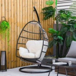 Outsunny Rattan Weave Hanging Egg Chair W/ Folding Design Indoor & Outdoor Black -Outdoor Furniture Store 51519900 3