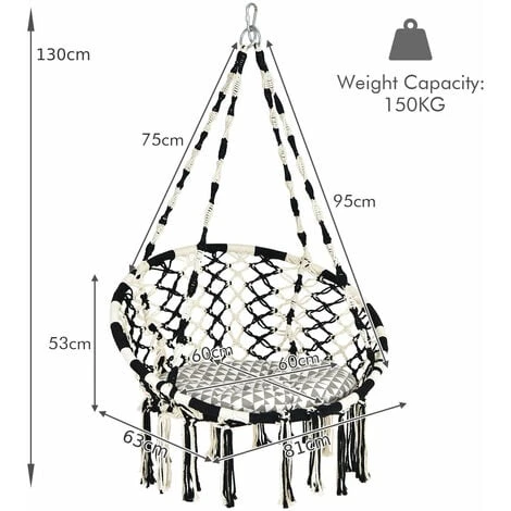 COSTWAY Hammock Swing Chair With Soft Cushion, Cotton Rope Macrame Hanging Chair, Outdoor Indoor Tassels Swing Seat For Garden, Patio And Living Room, 150kg Capacity (81 X 63 X 130cm, Black + White) 4 COSTWAY Hammock Swing Chair With Soft Cushion, Cotton Rope Macrame Hanging Chair, Outdoor Indoor Tassels Swing Seat For Garden, Patio And Living Room, 150kg Capacity (81 X 63 X 130cm, Black + White) - Image 2