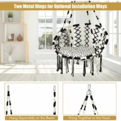 COSTWAY Hammock Swing Chair With Soft Cushion, Cotton Rope Macrame Hanging Chair, Outdoor Indoor Tassels Swing Seat For Garden, Patio And Living Room, 150kg Capacity (81 X 63 X 130cm, Black + White) 9 COSTWAY Hammock Swing Chair With Soft Cushion, Cotton Rope Macrame Hanging Chair, Outdoor Indoor Tassels Swing Seat For Garden, Patio And Living Room, 150kg Capacity (81 X 63 X 130cm, Black + White) -Outdoor Furniture Store 52541612 3