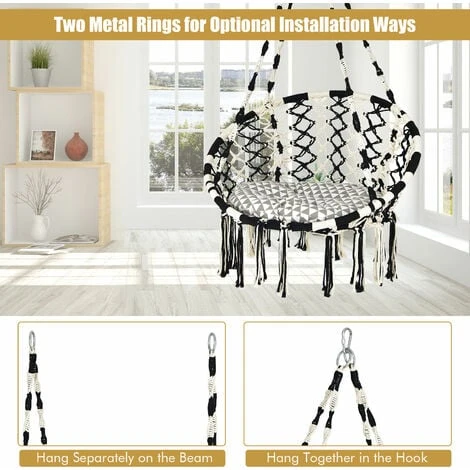 COSTWAY Hammock Swing Chair With Soft Cushion, Cotton Rope Macrame Hanging Chair, Outdoor Indoor Tassels Swing Seat For Garden, Patio And Living Room, 150kg Capacity (81 X 63 X 130cm, Black + White) 5 COSTWAY Hammock Swing Chair With Soft Cushion, Cotton Rope Macrame Hanging Chair, Outdoor Indoor Tassels Swing Seat For Garden, Patio And Living Room, 150kg Capacity (81 X 63 X 130cm, Black + White) - Image 3