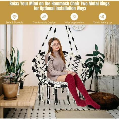 COSTWAY Hammock Swing Chair With Soft Cushion, Cotton Rope Macrame Hanging Chair, Outdoor Indoor Tassels Swing Seat For Garden, Patio And Living Room, 150kg Capacity (81 X 63 X 130cm, Black + White) 6 COSTWAY Hammock Swing Chair With Soft Cushion, Cotton Rope Macrame Hanging Chair, Outdoor Indoor Tassels Swing Seat For Garden, Patio And Living Room, 150kg Capacity (81 X 63 X 130cm, Black + White) - Image 4