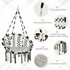 COSTWAY Hammock Swing Chair With Soft Cushion, Cotton Rope Macrame Hanging Chair, Outdoor Indoor Tassels Swing Seat For Garden, Patio And Living Room, 150kg Capacity (81 X 63 X 130cm, Black + White) 11 COSTWAY Hammock Swing Chair With Soft Cushion, Cotton Rope Macrame Hanging Chair, Outdoor Indoor Tassels Swing Seat For Garden, Patio And Living Room, 150kg Capacity (81 X 63 X 130cm, Black + White) -Outdoor Furniture Store 52541612 5