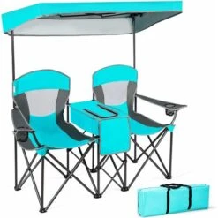 COSTWAY Double Folding Camping Chair With Canopy, Outdoor Portable Loveseat With Armrests, Iced Bag, Cup Holder And Carrying Bag, Garden Patio Fishing Seaside Beach Picnic Chairs (Turquoise)