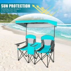 COSTWAY Double Folding Camping Chair With Canopy, Outdoor Portable Loveseat With Armrests, Iced Bag, Cup Holder And Carrying Bag, Garden Patio Fishing Seaside Beach Picnic Chairs (Turquoise) -Outdoor Furniture Store 52541650 4