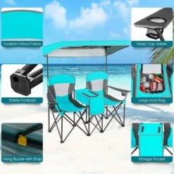 COSTWAY Double Folding Camping Chair With Canopy, Outdoor Portable Loveseat With Armrests, Iced Bag, Cup Holder And Carrying Bag, Garden Patio Fishing Seaside Beach Picnic Chairs (Turquoise) -Outdoor Furniture Store 52541650 5