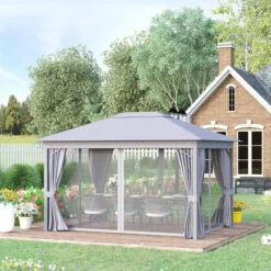 Outsunny 4 X 3(m) Patio Gazebo Garden Shelter W/ Curtains And Netting, Grey -Outdoor Furniture Store 52735527 3