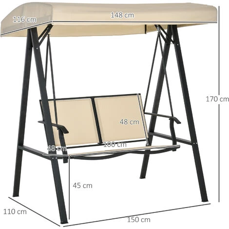 Outsunny 2 Seater Garden Swing Bench W/ Tilting Canopy Texteline Seat Beige 4 Outsunny 2 Seater Garden Swing Bench W/ Tilting Canopy Texteline Seat Beige - Image 2